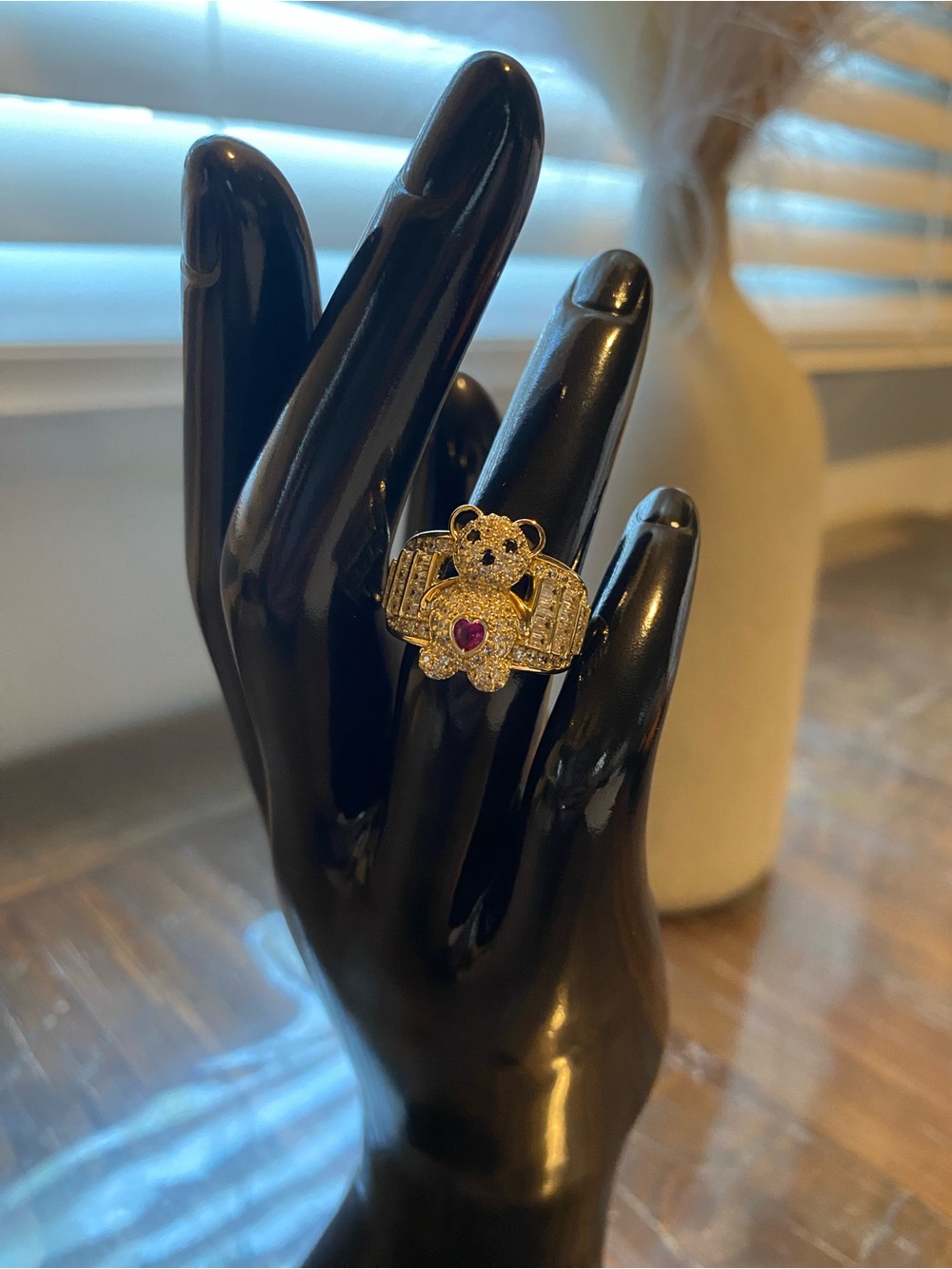 Gold plated Teddy Bear Heart Ring with Pink Stone - Women Jewelry